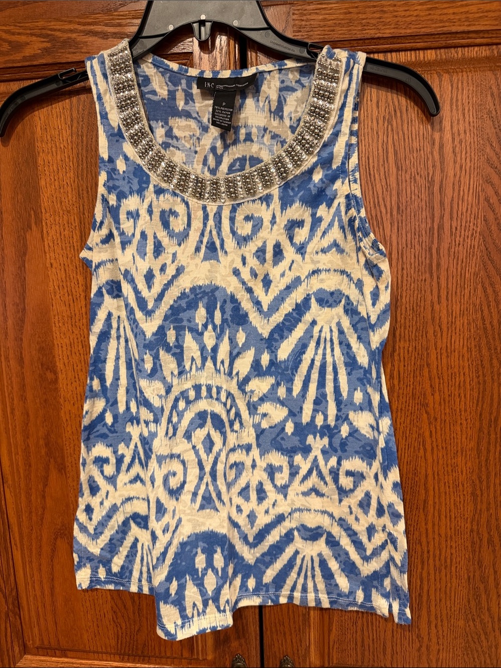 INC International Concepts Blue & White Ikat Beaded-Neck Tank